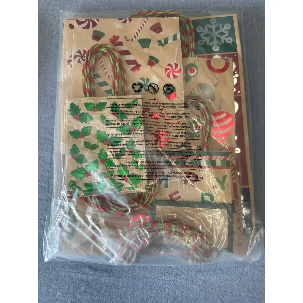 24 Christmas Foil Craft Gift Bags Assorted Sizes with Twine Handles-24 Different